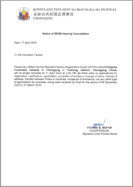 RERB Heaaring Cancellation 